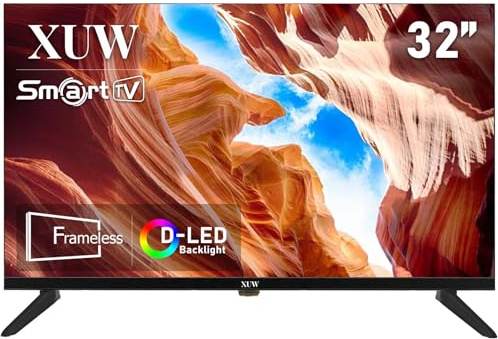 XUW 32 inch HD Smart TV, D-LED backlight Television, Borderless Design,HDMI USB DVB-T2/S2 RJ45 Interface, large screen for living room, bedroom, home entertainment - Black