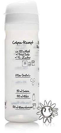 Pfannkuchen-Shaker (WEIß) für 4 Portionen (875ml) Pfannkuchenteig mit Rezeptaufdruck für Pfannkuchen und Crêpes und praktischem Mixer aus Edelstahl Mit innovativem Ausgießer Patentierter Shaker