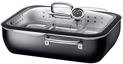 Silit ecompact Dampfgarer, Bräter Induktion 35,6 x 33,3 x 18 cm, 6,7l, mit Glasdeckel, Garblech, Garthermometer, Silargan Funktionskeramik, schwarz