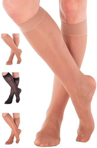 ABSOLUTE SUPPORT Made in USA - Knee Hi Compression Stockings Women 8-15mmHg for Flight Airplane Travel - Sheer Compression Support Stockings 8-15 mmHg for Women Beige, Large