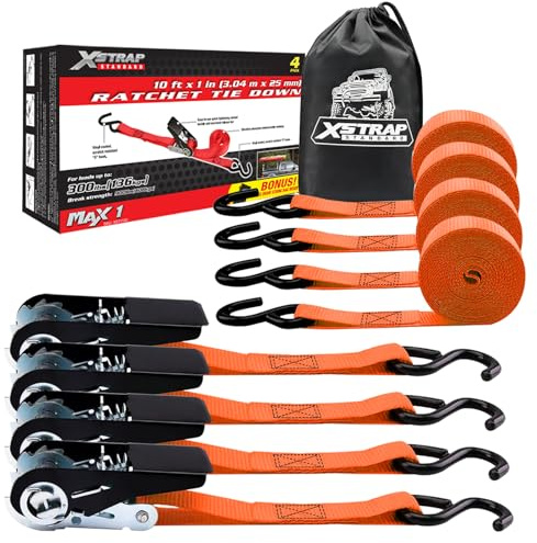 XSTRAP STANDARD Ratchet Tie Down Straps 4 Pk 10 Ft- 300 Lbs Load Cap- 900 Lbs Break Strength-Cargo Straps for UTV, ATV, Pickup,Truck, Moving Appliances, Lawn Equipment, Orange