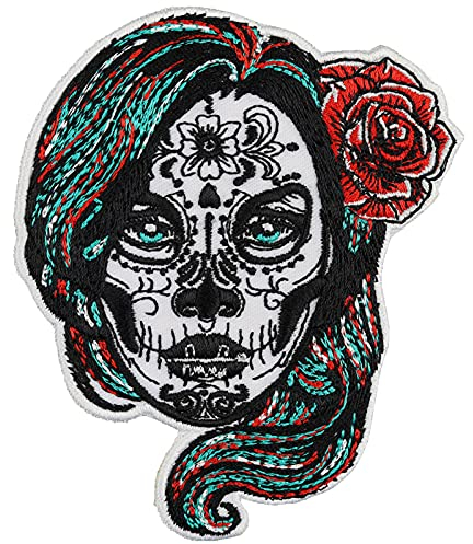 La Calavera Catrina Aufnäher Dia de los muertos Patch bestickt Aufbügler Totenkopf - Sugar Skull mexikanischer Zuckerschädel Emblem mit Rose - Totenkopf Applikation zum aufbügeln - 80x100mm