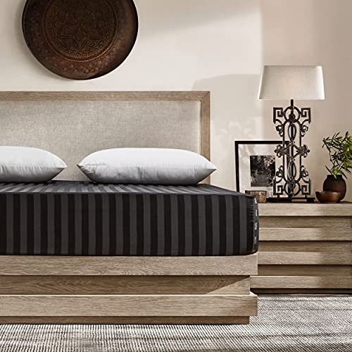 Damier Satin Spannbettlaken 200x200cm Schwarz Seide Glänzend Bettlaken Hochwertiges Satin Streifen Spannbetttuch, geeignet für Matratzen bis 30cm