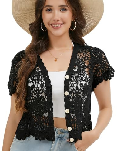 Cárdigan abierto de encaje de ganchillo de manga corta para mujer, Negro-080, Talla única