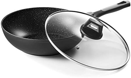 Pradel Excellence - Pierra Wok 28 cm - Aluminium Forgé - Revêtement Façon Pierre - Couvercle en Verre - Épaisseur 2,5/4,0 mm - Compatible Tous Feux dont Induction, Lavable au Lave-Vaisselle