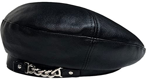 Frauen Beret Hut Pu Leder Beret Französische Schwarze Beret Künstler Baskenmütze Kette