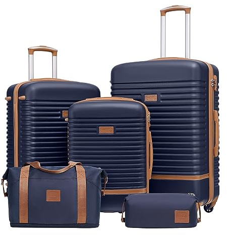 COOLIFE Valise Trolley Valise de Voyage en ABS Coque Rigide Trolley 4 Roues Serrure TSA La Valise Contient 1 Sac de Voyage et 1 Trousse de Toilette (Bleu/Marron, Lot de 5 valises)