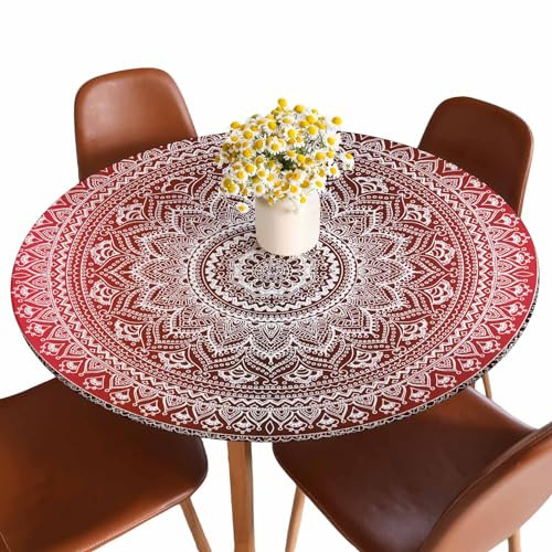 Guxxuil Red Mandala Round Fitted Tablecloth Vintage Decorative Elements Flora Oriental Pattern Elastic Edge Tablecloth Waterproof Oilcloth Table Cover for 40-44