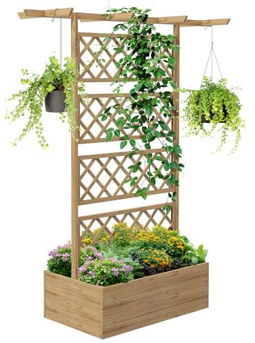 Outsunny Wood Planter with Trellis, Raised Garden Bed Privacy Screen Planter Box to Grow Vegetables, Herbs and Flowers for Garden, Patio, Deck, Natural