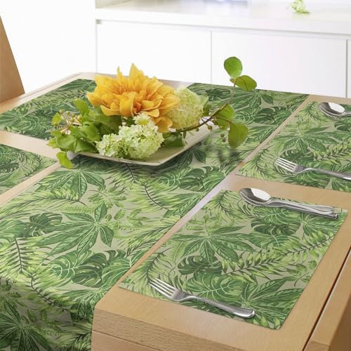 ABAKUHAUS Grünes Blatt Tischläufer & 4 Stück Tischsets, Exotisches Muster mit tropischen Blättern Fresh Jungle Aloha Hawaii, Tischdeko-Set, 180 x 40 cm, Apfelgrün Farngrün