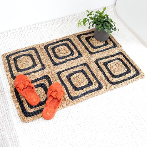 Josephina CEBUU Teppich, 90x60cm Natur-Teppich aus Seegras, Läufer für Wohnzimmer, Balkon & Flur, Faltbarer Balkonteppich, Küchenteppich, Matte handgeflochten im Boho-Stil in Natur + Schwarz