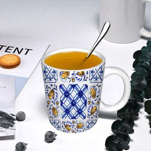 YOIUE Funny Coffee Mug - 11Oz Cups 330ml - Colored Mug Cup - Gift for Birthday,Work,Office,Italian Majolica Watercolor Italian Majolica Decoration on Ceramic Tiles in b,White Printed Coffee Cupgift