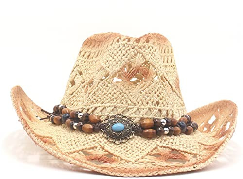 LYSINK Adult Men Women Summer Casual Beach Hat, Bead Decor Top Hollow Out Straw Cowgirl Cowboy Hat for Vacation (03Beige, ONE Size)