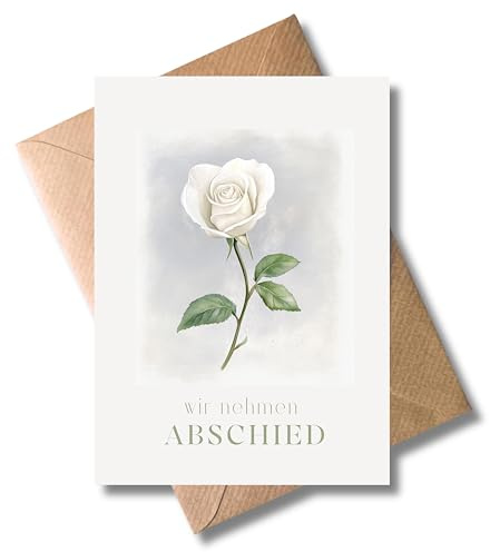 WBdesignz Biglietto di condoglianze Wir nehmen Abschied con busta – Biglietto di condoglianze con rosa bianca per partecipazione silenziosa (DIN A6)