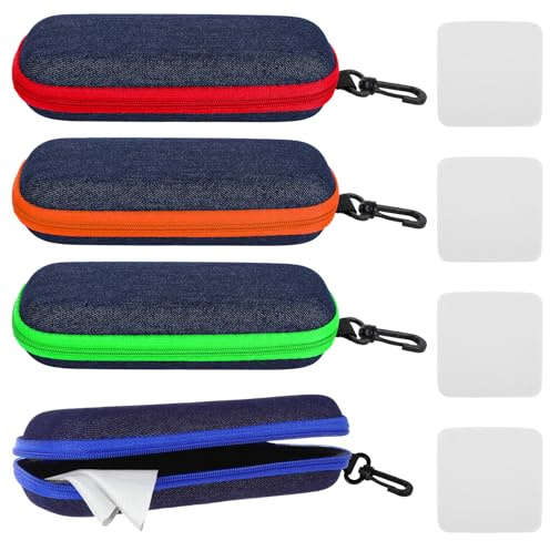 Lot de 4 étuis à lunettes rigides portables en EVA avec mousqueton et fermeture éclair - Pour homme et femme - Avec chiffon en microfibre - Pour lunettes de soleil, lunettes de vélo, lunettes de