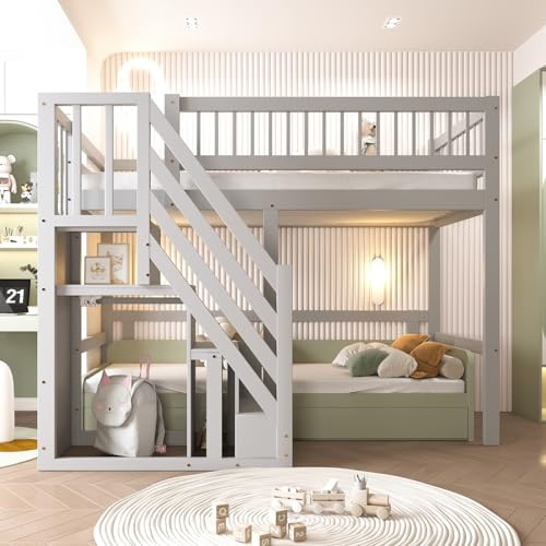 KOMHTOM Lit Mezzanine en Bois, Lit Surélevé, Cadre de lit pour Enfants et Adolescents, Escalier de Rangement, Barrière de Sécurité, Chambre à Coucher(sans Matelas) (Gris, 90x200 cm)