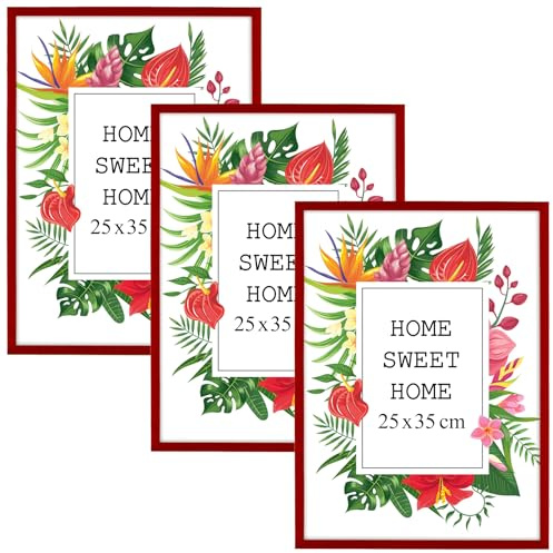 MG Design Lot de 3 Cadres Photo 25 x 35 cm en Bois Massif – Rouge, avec Verre Acrylique – à Suspendre ou à Poser, Orientation Rougeicale ou Horizontale – pour Photos, Affiches, Puzzles
