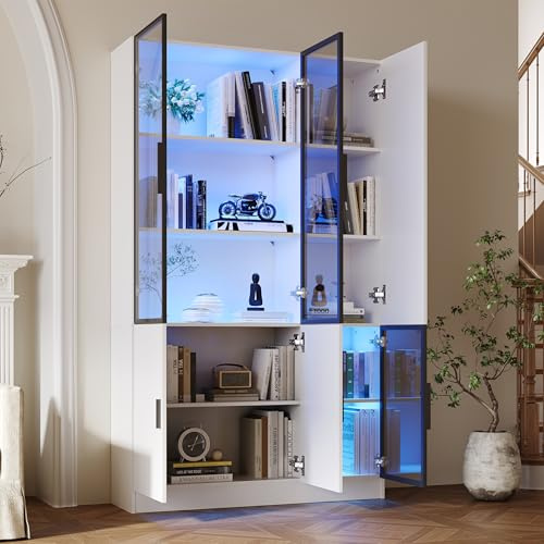 Lcoho Vitrina de cristal para puerta, 200 cm de alto, con luces LED, estantería para colección, dormitorio, salón, oficina, armario con puerta de cristal con marco de aluminio