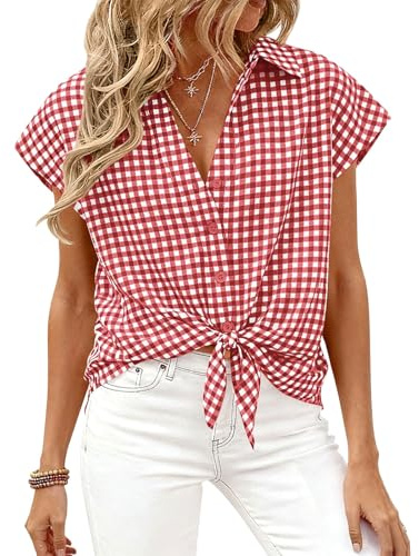 Chemises à carreaux pour femmes à manches courtes boutonnées Blouse habillée décontractée pour le printemps et l'été Affaires Tops à carreaux pour le travail professionnel, Rouge, Taille L
