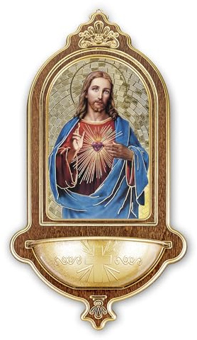 Fratelli Bonella - Acquasantiera in legno con dettagli in oro a caldo del Sacro Cuore di Gesù f.to 13,9 x 25,4 cm