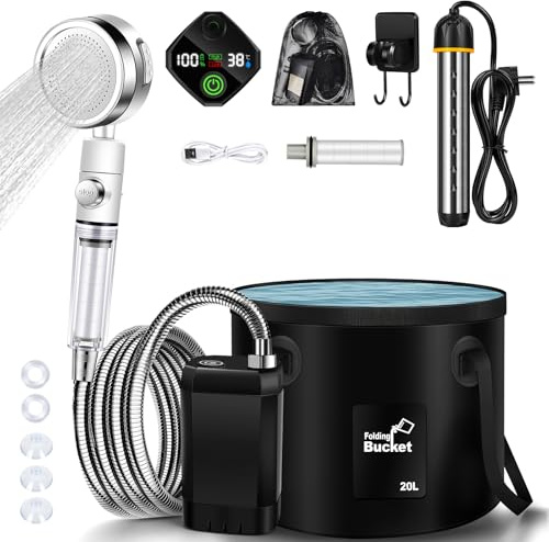 JONRRYIN Douche de camping chauffante, douche mobile d'extérieur avec affichage de la température de 6000 mAh, pommeau de douche filtrable et réservoir d'eau de 20 L pour jardin, lavage de voiture