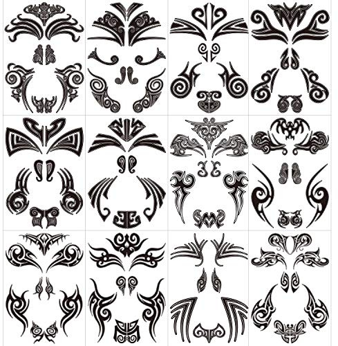 Qpout 12pcs Große Gesicht Temporäre Tattoos, Maori Gesicht Tattoos Wasserdichte Tribal Schwarz Gesicht Tattoo Aufkleber für Frauen/Männer Karneval Party Maori Themenparty Halloween Dekoration Zubehör