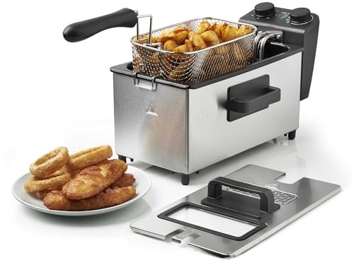 VonShef Deep Fat Fryer 3L Capacity 2000W – Cooks up to 1kg of Food, Stainless Steel Fryer for Chips & More, Adjustable Thermostat, Non-Slip, Easy Clean, Non-Stick Removable Oil Container & Basket