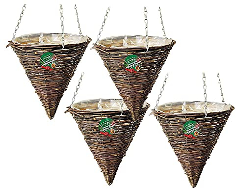 Garden Mile 12 Rattan Cone Garden Hanging Baskets Indoor/Outdoor Hanging Planter Plant Pots Rattan Wicker Hanging Basket (Four Baskets)