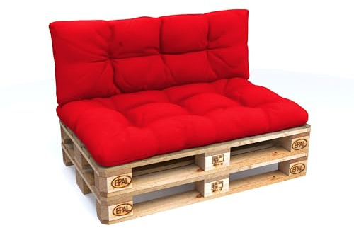 POKAR Euro Pallet Water-Resistant Cushions Set of 2: 1x 120x80 + 1x 120x40, Cold Foam, Removable Covers, Home Garden Furniture, without Pallets, Red