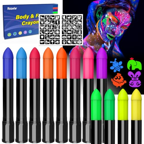 kinderschminke set, 12 Farben UV-Fluoreszenz-Gesichts- und Schminkstifte Kit, Leuchten unter UV-Licht, bodypainting farben, Körperbemalung für Geburtstag, Festival, Karneval