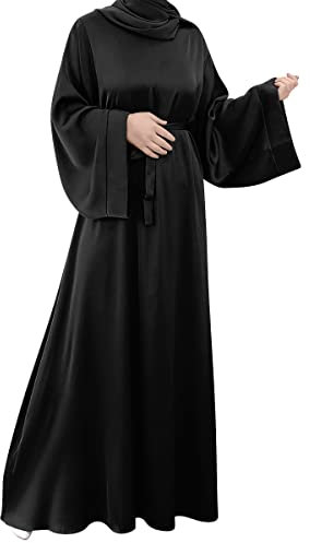 IMEKIS Damen Muslimischen Jilbab Kleid Einteilig Islamischen Abaya Maxi Gebetkleid Langarm Einfarbig Lose Robe Nahen Osten Dubai Türkei Arabisch Kaftan für Ramadan, Eid, Shahada Schwarz S