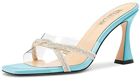 HEUIVZAR Femmes Mi Kitten Talon Heel Ouvert Carré Bout Mules Chaussures Slip-on Diamant Cristal Danse Clear Été Chaussures Bleu Ciel 43 EU