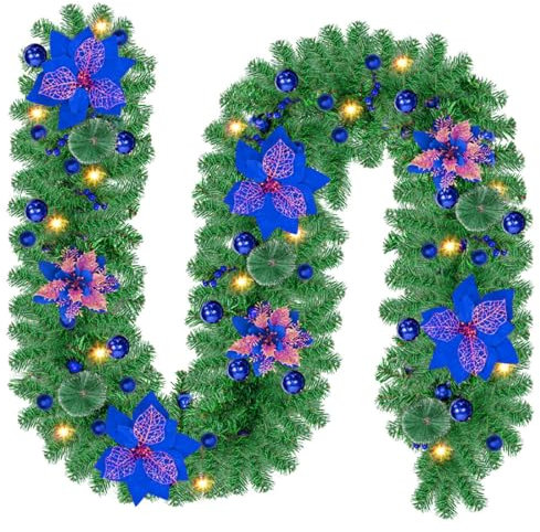 SHAVINGFUN Christmas garland,christmas garland with lights,2.7M/ 9FT Christmas Garland Decorations Illuminated with LED Lights,for Stairs Fireplaces Christmas Festive Wreath Xmas Decor