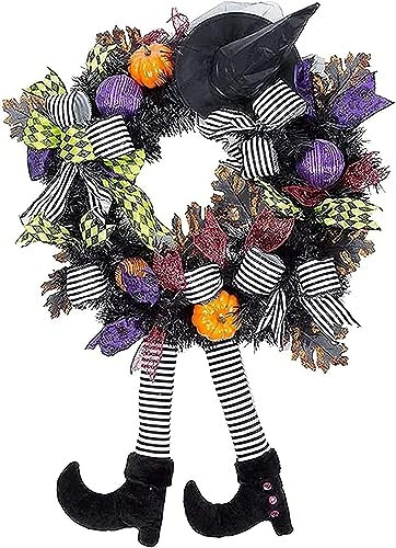 Vothen Corona de Puerta de Halloween, Pierna de Bruja Vintage, Guirnalda de Hoja de Arce de Calabaza para Decoración