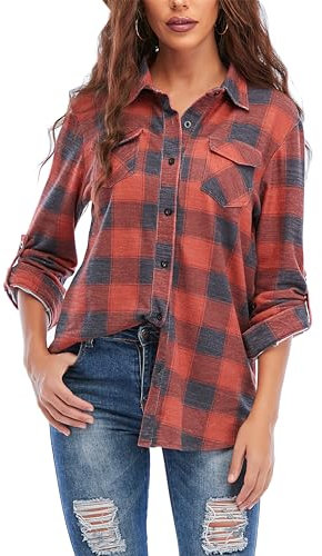 Timuspo Damen Kariertes Bluse Karohemd Button-down Langarmshirt Boyfriend-Stil Baumwolle Flanellhemd Hemdbluse Plaid Shirt für Frühling und Herbst/XL