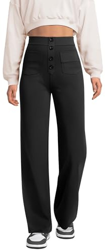 keriffe Pantalon Droit pour Femme - Taille Haute - Bouton - Extensible - pour Le Travail - Pantalon décontracté - Plusieurs Poches, Noir, Taille M
