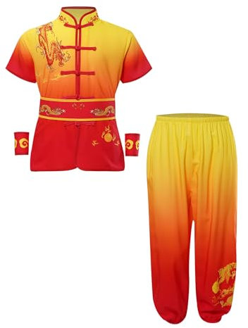 Mufeng Kinder Jungen Mädchen Tai Chi Uniform Kurzarm Kung Fu Shirt Mit Hose Lang + Gürtel + Armbänder Chinesisch Kung Fu Wing Chun Sport Training Gelb Rot 110-116