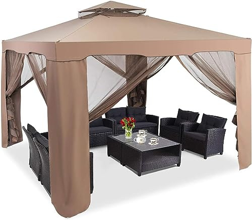 COSTWAY 3x3m Pavillon mit Moskitonetz und Doppeldach, wasserdicht, stabil, Winterfest, Gartenpavillon, Partyzelt für Terrasse, Garten, Hinterhof (Braun)