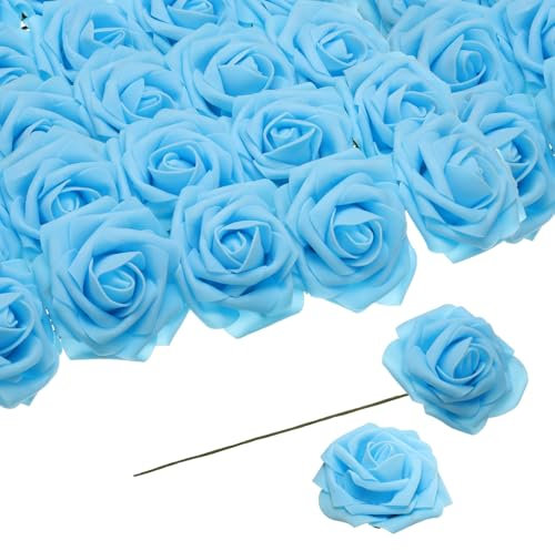 QUARKZMAN 25 Stück Schaumrosen Künstliche Blumen, Gefälschte Rosen mit Stielen Schaum Real Touch Faux Rosen für Hochzeit Party Büro Duschen Hausdekoration, Blau
