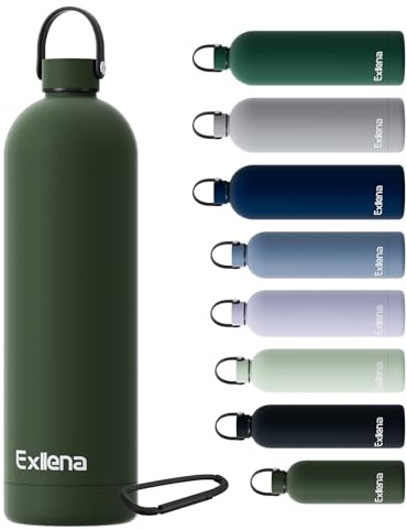 Exllena Trinkflasche Edelstahl mit Griff & Karabiner–500ml/750ml/1L/1,5L isolierte Thermosflasche, 100% auslaufsicher und BPA-frei, Wasserflasche thermo für Sport, Büro & Alltag (Kieferngrün,1500ML)