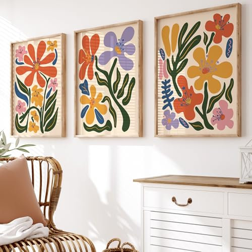 Generic Boho Abstract Flowers Print Set of 3, Botanical Wall Prints, Floral Wall Art, Vintage Art Print, Boho Wall Art, Flower Market Poster, Unframed, A4, A3