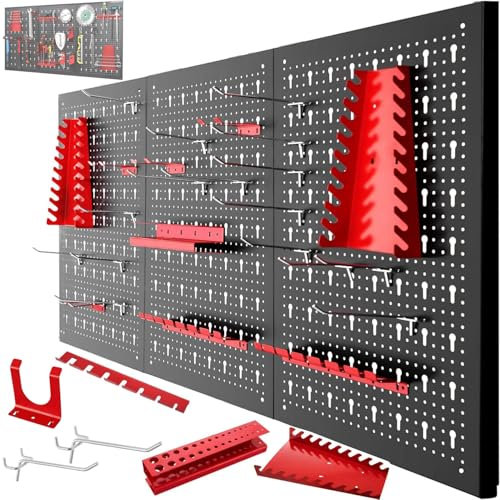 Panel para Herramientas de Metal 1200 x 600 mm con accesorios para colgar herramientas, 28 piezas Organizador de herramientas y soporte de pared multiusos Panel perforado