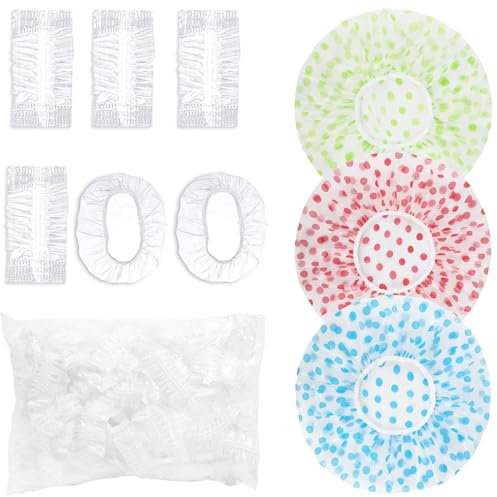 KOLZEMV 3 PCS Cuffia da doccia da donna, cuffia doccia, cuffia doccia donna, elastico, impermeabile, riutilizzabile, per ragazze, donne, salone, Viene fornito con 100 paraorecchie impermeabili