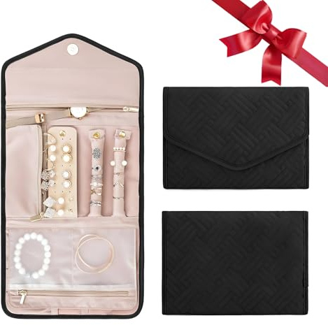 Travel Jewellery Roll, Portable Jewelry Storage Organiser For Necklace Earrings Bracelets Gift For Travellers Women(Black)