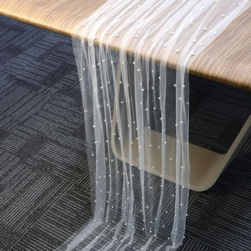 Pearl Table Runner, 118.11x35.43in Pearl Lace Tablecloth Soft Pearl Tulle Fabric Table Cloth Table Decorations for Bridal Shower Birthday Party Wedding Arch Decor (White)