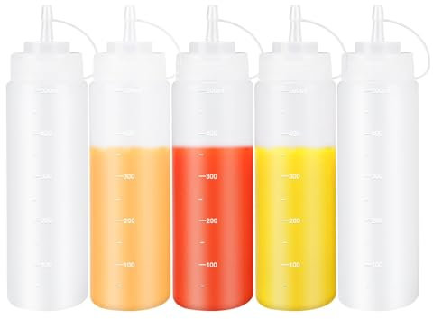 MHYMX 5 Pcs Squeeze Bottle, Squeezy Sauce Bottles with Nozzles 500ml Clear Ketchup Bottle Plastic Condiment Bottles with Measurements for Ketchup Syrup Sauces Oil