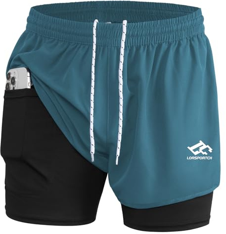 LORSPORTCH Pantalones Cortos de Running 2 en 1 para Hombre Pantalones Cortos de Fitness para Hombre Pantalones Cortos de Entrenamiento para maratón al Aire Libre para Hombre Azul Pavo Real XL