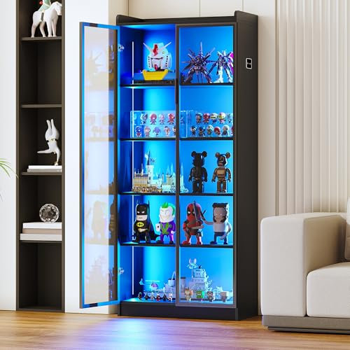 Gurexl 65 Display Cabinet with Acrylic Door, LED Bookcase with Human Sensor 3-Color Lights, 5-Tier Curio Storage Cabinet with Adjustable Shelf for Collectibles,Bedroom,Living Room,Office,Black