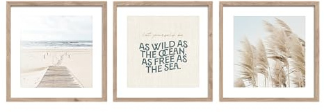 STYLER Bilder Set Seaside 3x 30x30 cm (AUFHÄNGFERTIG) mit hochwertigem Rahmen – Maritime Eleganz für Ihr Zuhause – Strand Meer Zitat Pampas Boho Minimalistisch