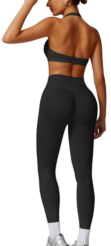 JN JANPRINT Conjunto de ropa deportiva sin costuras para mujer, 2 piezas, con sujetadores deportivos Halter sin tirantes, con espalda descubierta, leggings scrunch, para yoga y entrenamiento, Negro